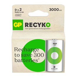 Batteri GP ReCyko D-batteri, 3000mAh, 2-pack