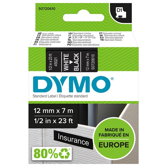 Märkband Dymo D1 12mm Vit/Svart