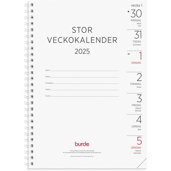 Kalender 2025 Stor Veckokalender refill