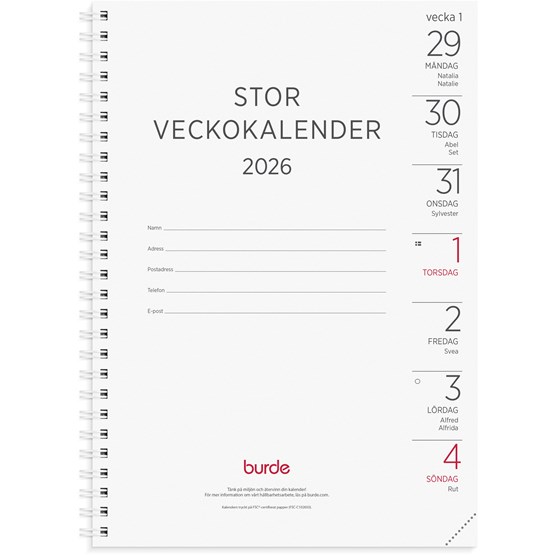 Kalender 2026 Stor Veckokalender refill