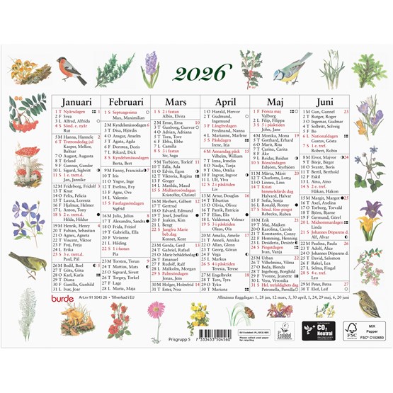 Väggkalender 2026 Lilla Naturalmanackan