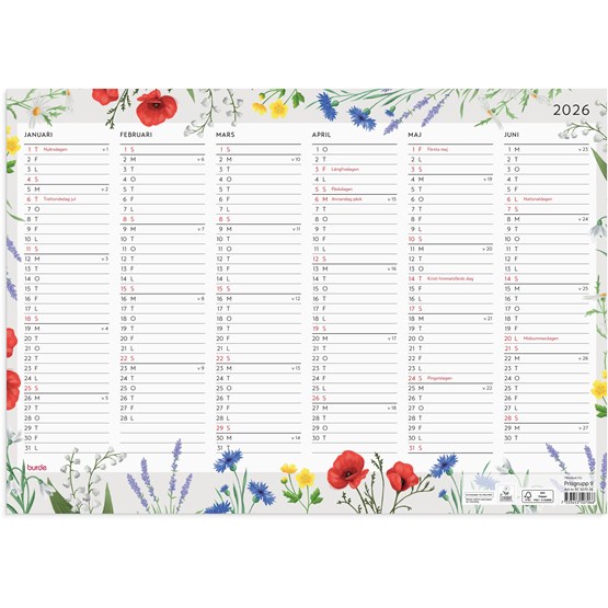 Väggkalender 2026 Väggblad Blomster