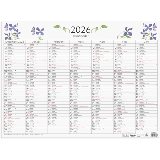 Väggkalender 2026 14-månaders väggblad